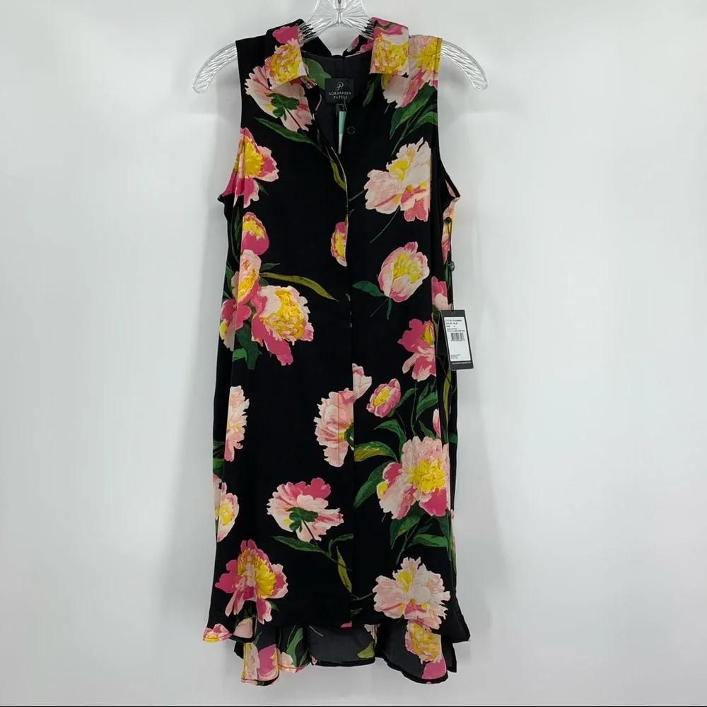 Adrianna Papell Dress NWT Floral Print Sleeveless Black Pink Shirtdress Size 2 - Picture 1 of 10